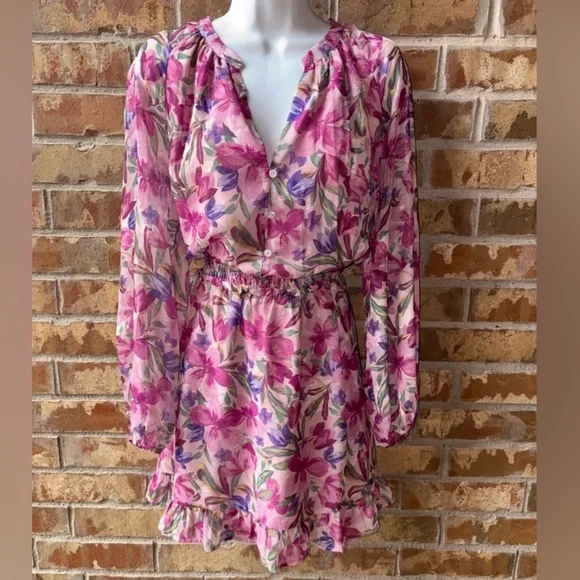 Greylin Floral Pink and Purple Long Sleeve Dress Medium - Picture 2 of 11